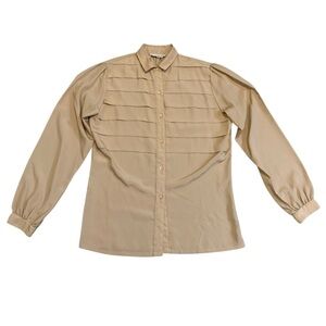 Vintage Marc D'Alcy Paris Tan Pleated Blouse Silky Secretary Shirt 80s/90s M